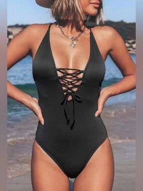 NWT Women's V Neck Lace Up One Piece Swimsuit SIZE‎ LARGE